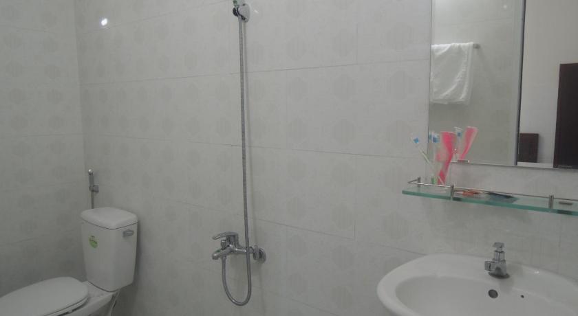 a bathroom with a toilet, sink, and shower, Hoa Sua Motel in Vung Tau