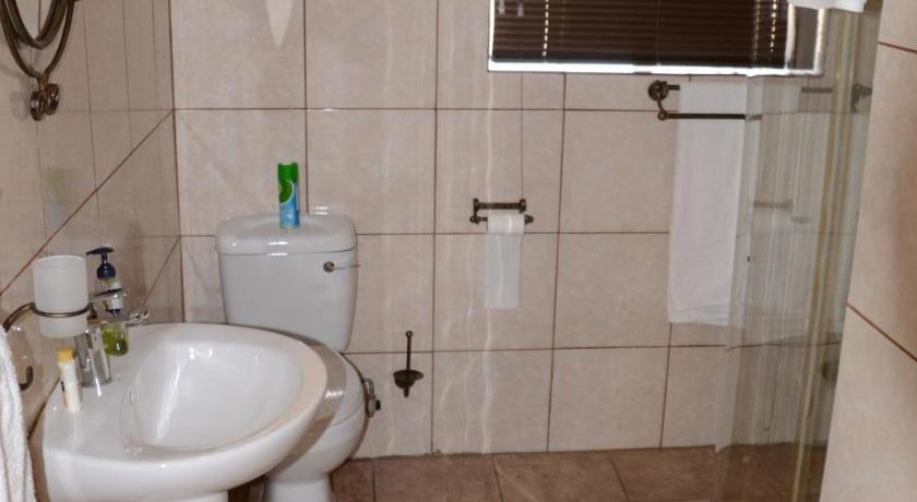 a bathroom with a sink, toilet and mirror, Elephant Lodge Guesthouse in Vanderbijlpark