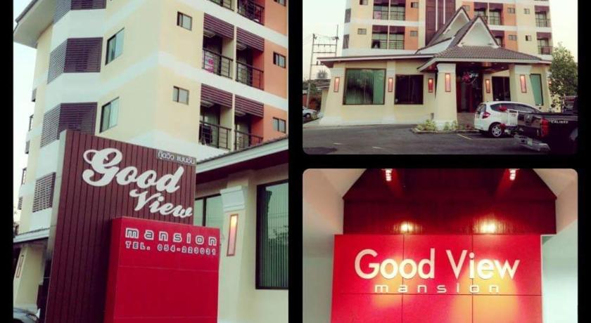 two pictures of a restaurant with a red sign, Good View Mansion in Lampang