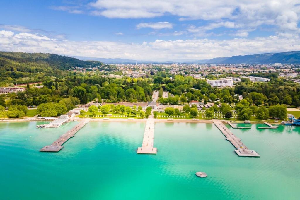 Spacious apartment interior with kitchen at Studios Klagenfurt