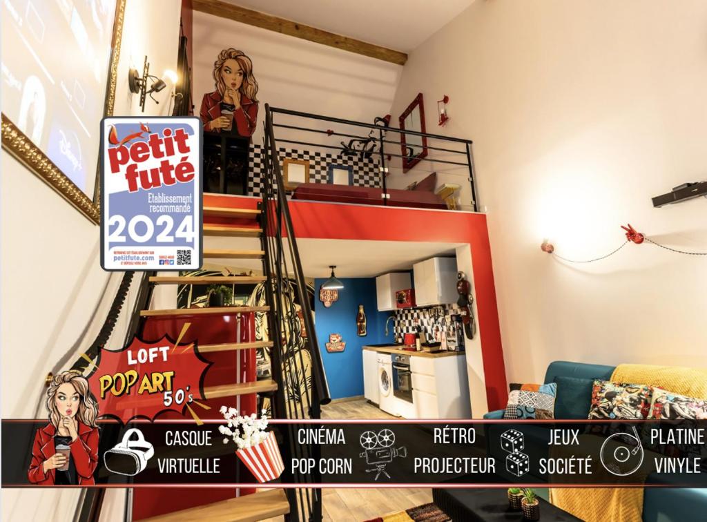 LOFT POP ART 50's Idéal PRO - Écran cinéma rétroprojecteur - WIFI Fibre - Borne arcade de jeu - Centre Ville, Saint-Étienne