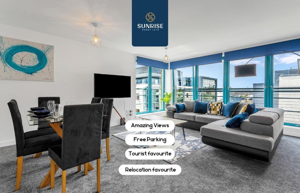 THE PENTHOUSE- INVOICE and REDUCED PRICE only via SUNRISE SHORT LETS DUNDEE, Spacious, Stunning Views, Foosball Table, 3 Large Rooms, Central Location, River Front, 1 Min From Tay Bridge, V&A, Train Station, City Centre, Lift Access, Free Parking & WiFi, Dundee