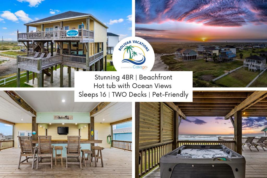 Waves & Whiskey Beachfront HotTub Double Decks! Tiki Bar, Crystal Beach