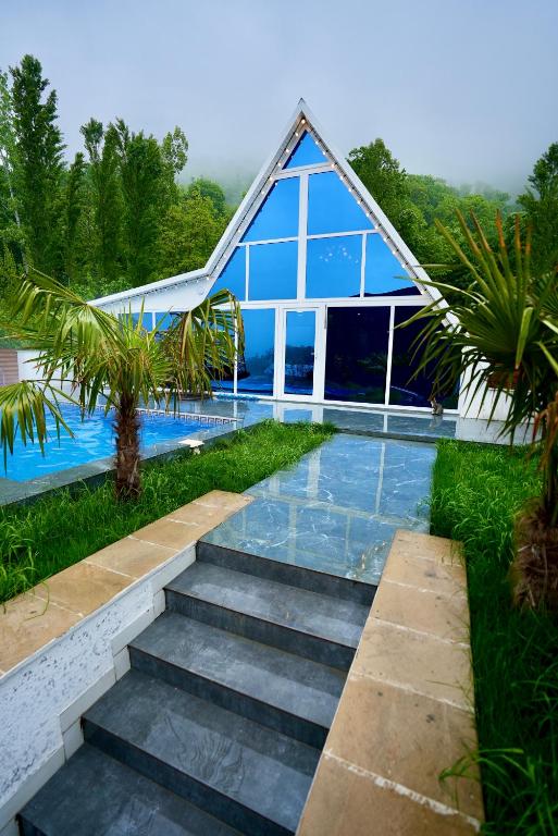 White Aframe with heated pool, Gabala