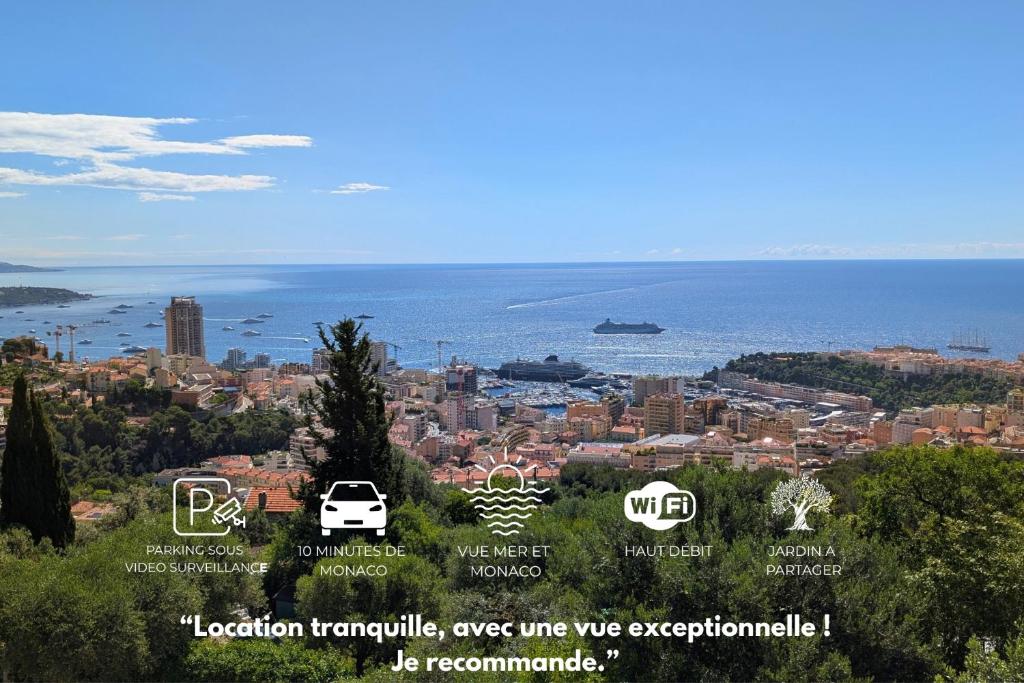 Le Mas d'Angeline-Vue mer panoramique, jardin partagé, parking, voiture indispensable, route étroite et pentue, à 10 min de Monaco, Beausoleil