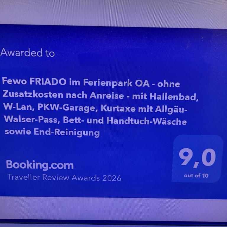 Fewo FRIADO im Ferienpark OA - ohne Zusatzkosten nach Anreise - mit Hallenbad, W-Lan, PKW-Garage, Kurtaxe mit Allgäu-Walser-Pass, Bett- und Handtuch-Wäsche sowie End-Reinigung - 2