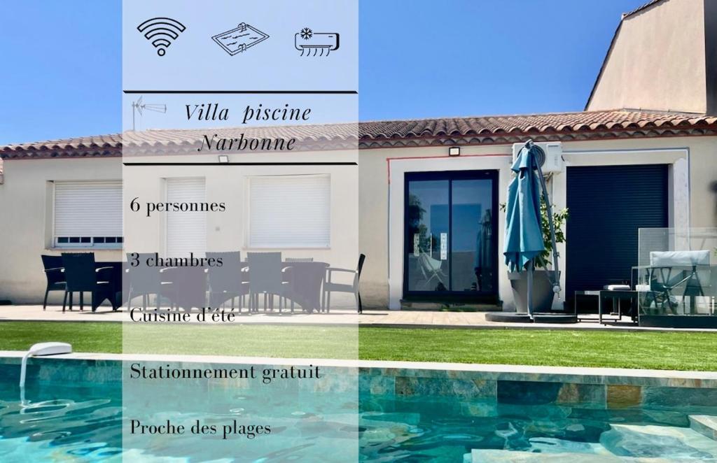 Villa avec piscine 10x5m à Narbonne- 6 personnes - 3 chambres - climatisation - 1