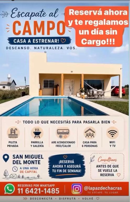 Casa Quinta PARA 6 PERSONAS a Estrenar! Pileta, parrilla cubierta en galería, Aire acondicionado FRÍO CALOR, WIFI, TV, Seguridad, 2 habitaciones amplias, casa 100m,vajilla completa,microondas,pava electrica,heladera cocina Laguna San miguel del Monte - 1