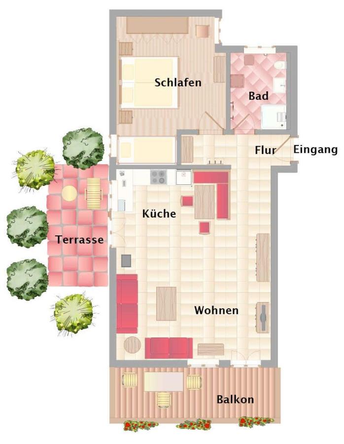 Apartment mit 1 Schlafzimmer, einem Balkon und einer Terrasse