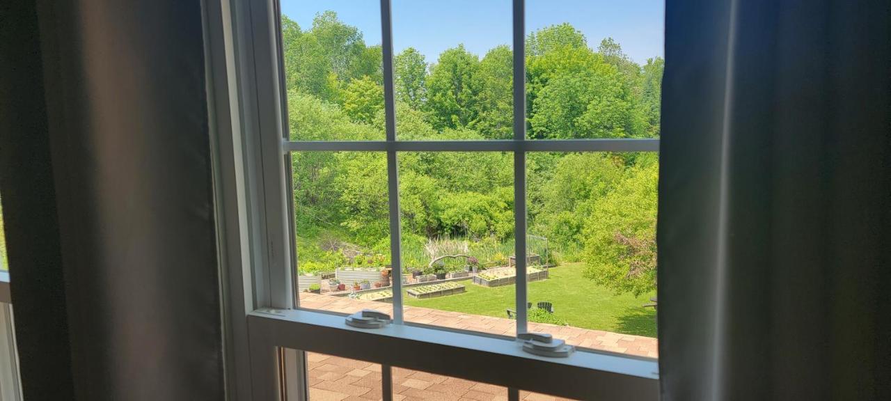 Zimmer mit Kingsize-Bett und Gartenblick. 