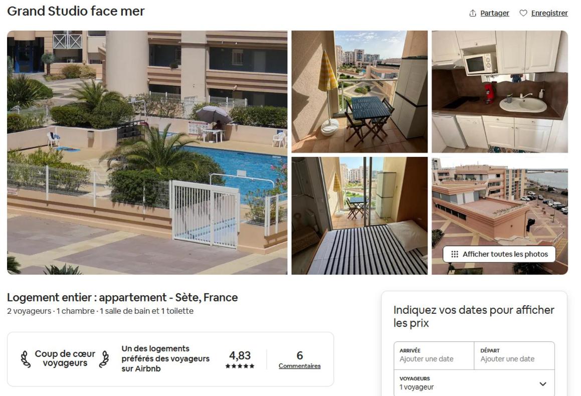 Grand Studio face mer - B&B Sète