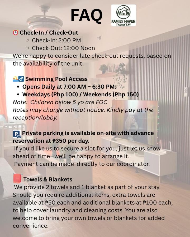 Family Haven Tagaytay - 1 BR - up to 6 Pax - Taal View - Full Kitchen - FAST Wi-Fi - - Chambres d'hôtes Tagaïtaï