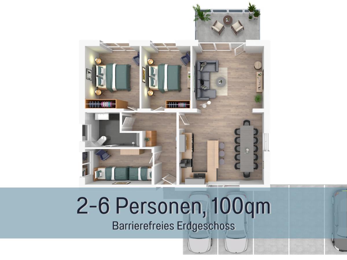 Ferienhaus Höckelheim - Savanna Lodge - barrierefrei - 3 Schlafzimmer-bis 6 Gäste - nahe Göttingen - 100 qm - Babies reisen gratis - Terrasse, Garten & Grill - vollausgestattete Küche mit Spülmaschine - Klimaanlage, Fußbodenheizung & Raffstores - Chambres d'hôtes Northeim