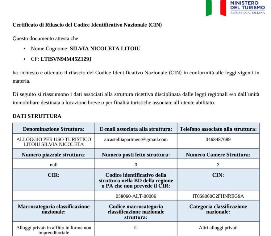 Ai Castelli Apartment - Locazione Turistica CIN IT58060C2FHNREG9A - B&B Colonna