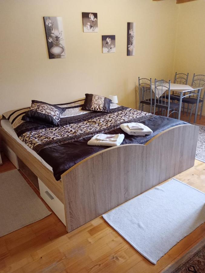 A double bed with patterned dark brown and beige bedding sits at dog-friendly A+S Penzion Podzamok in Spisske Podhradie.