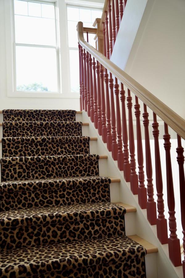 Leopard-print stairs with red banister ascend at pet-friendly Parkway House Goshen Bed and Breakfast Suite 1 in Goshen, NY.