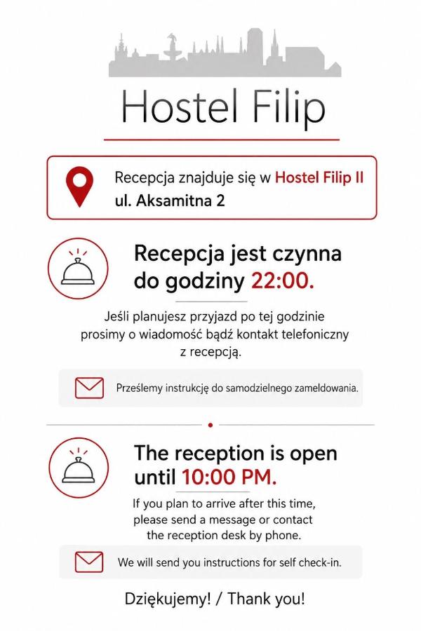 White poster with red accents displays reception hours at dog-friendly Hostel Filip in Gdańsk.