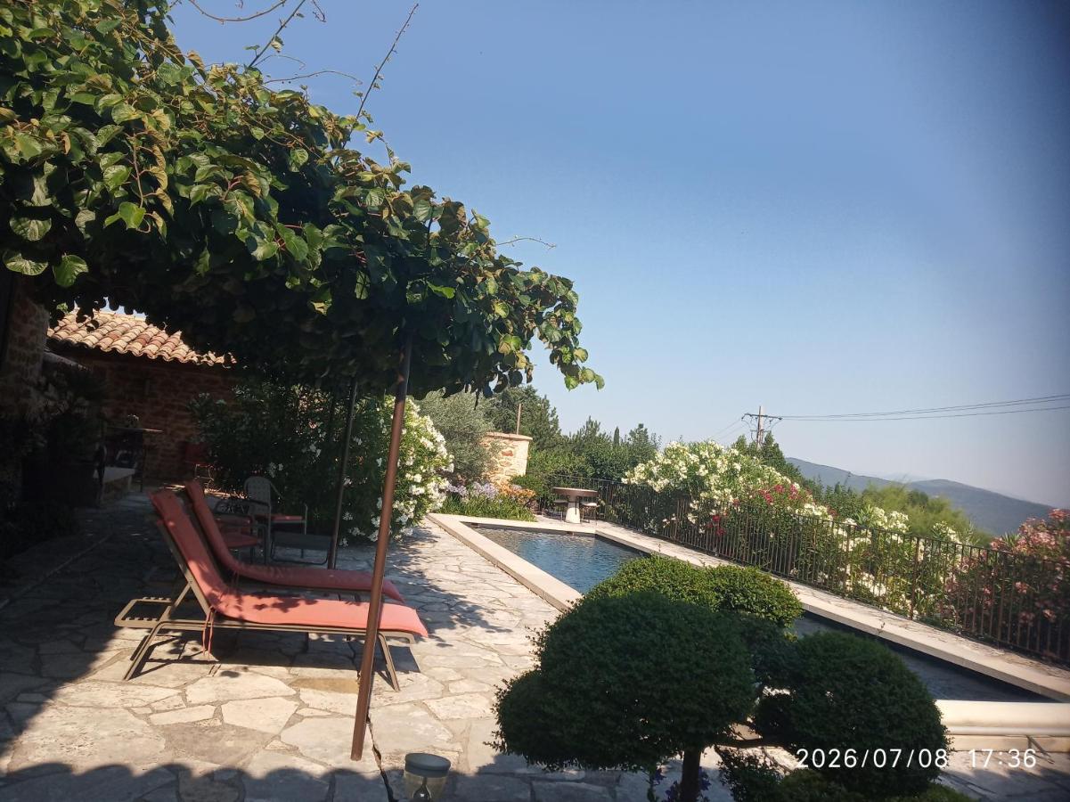 Two red lounge chairs sit beside the pool at dog-friendly Le Grangeon in Cruis.