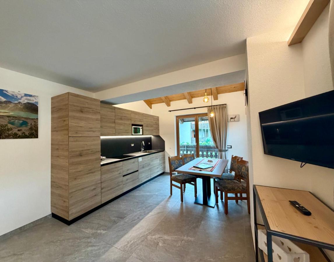 Wood-grain kitchen cabinets line the wall at dog-friendly Rosengarden Alpine Residence in Valdidentro.