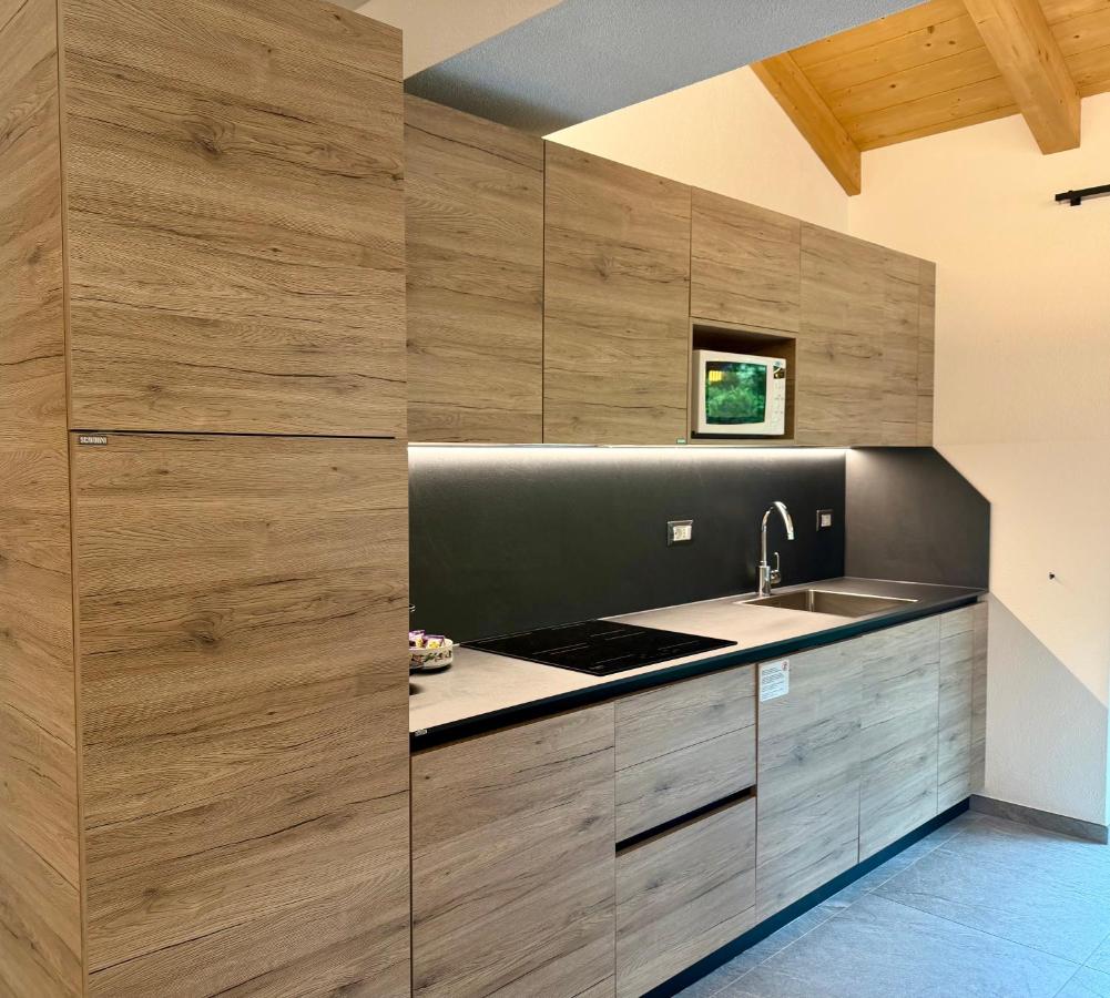 Light wood cabinets with built-in microwave and black countertop line wall at dog-friendly Rosengarden Alpine Residence in Valdidentro.