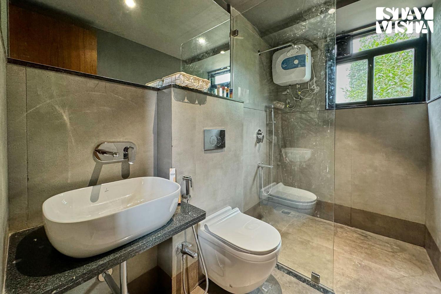 Bathroom 4, StayVista at Rustic Haven with Pvt Pool, Gazebo & Indoor-Outdoor Game, Satara