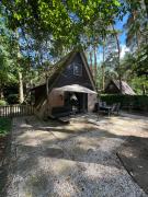 Dennenrust A-frame huisje middenin het bos.