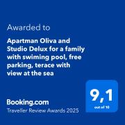 Apartman Oliva and Studio Delux for a family with swiming pool, free parking, terace with view at the sea