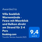 Villa Seeblick Warnemünde - Fewo mit Meerblick und Balkon direkt am Strand für 2-4 Pers
