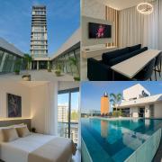 Ap completo a 900m da Oktoberfest com Piscina, academia, Wi-Fi, ar, garagem e tv no quarto