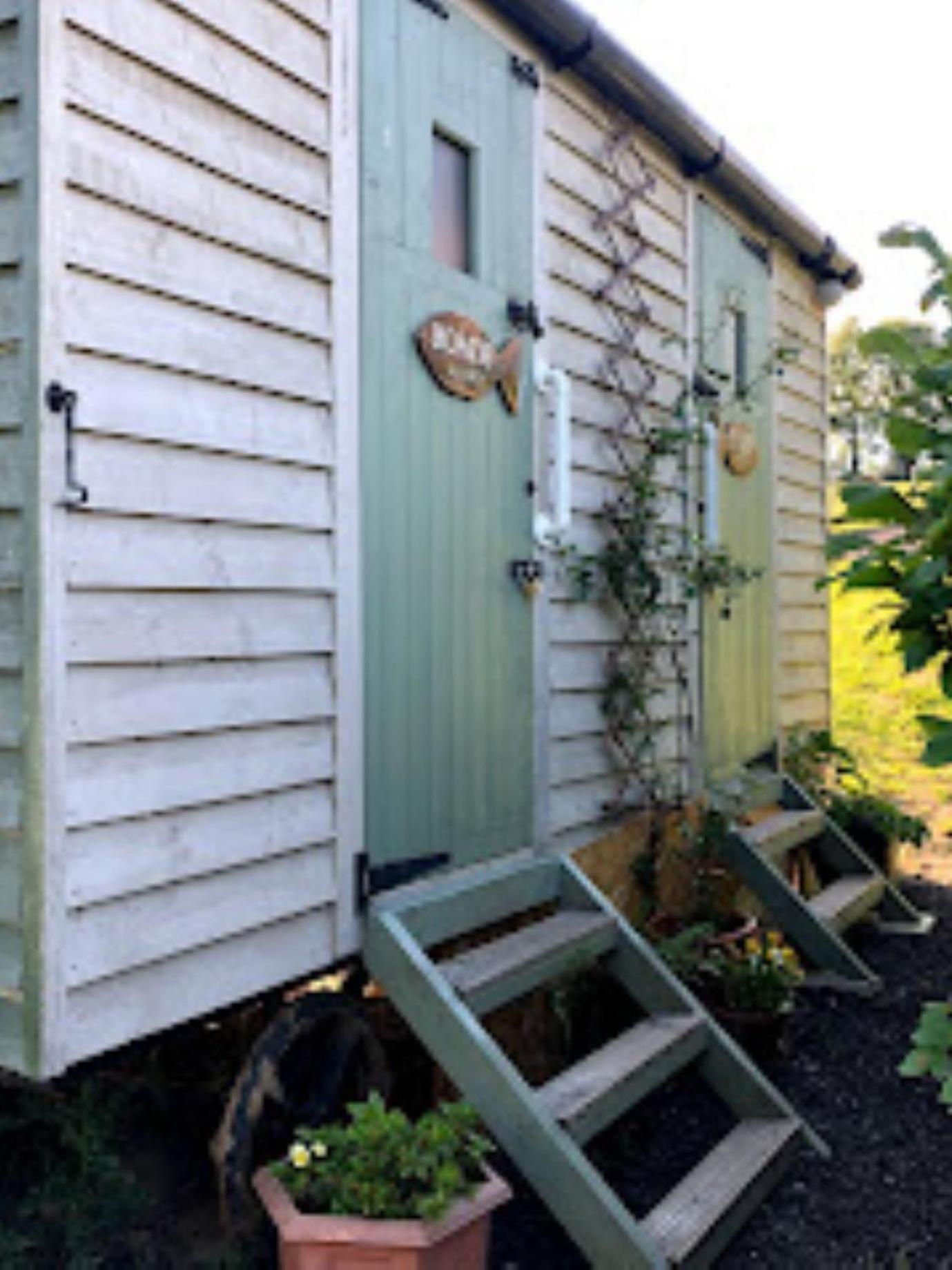 Charming tranquil Shepherds Hut with lakeside balcony 'Roach'