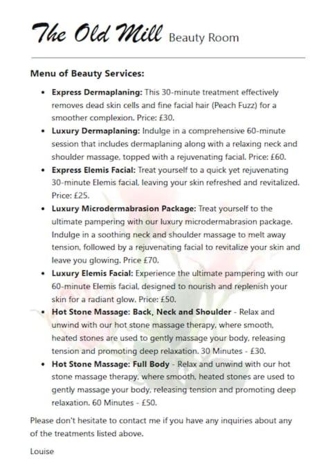 East Bridgford Coach House Inc Spa and Treatments