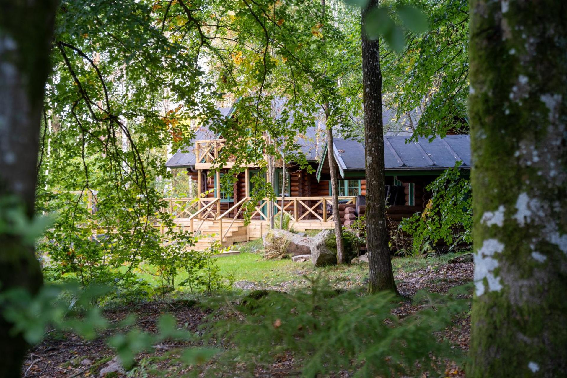 Mysig timmerhus i skogen med privat bastu nära sjön