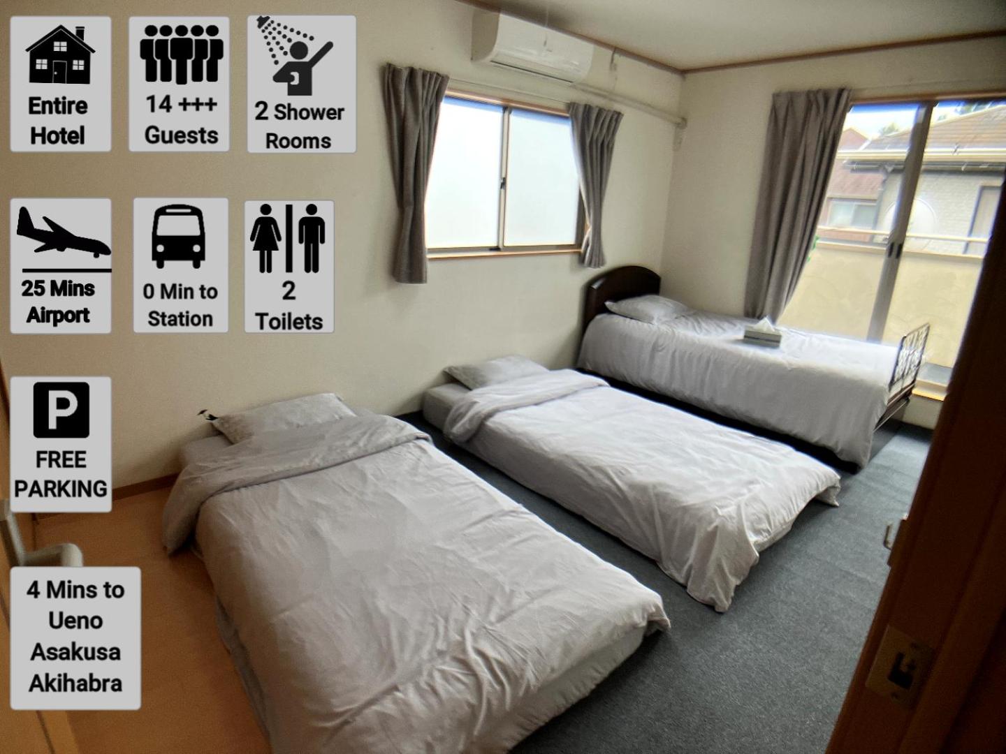 Entire Hotel Beside Asakusa, Ueno, Akihabara and Tokyo Skytree tower between 3 Train Stations and Contains 3 Bedrooms, 2 Bathrooms and 2 toilets for 14 guests