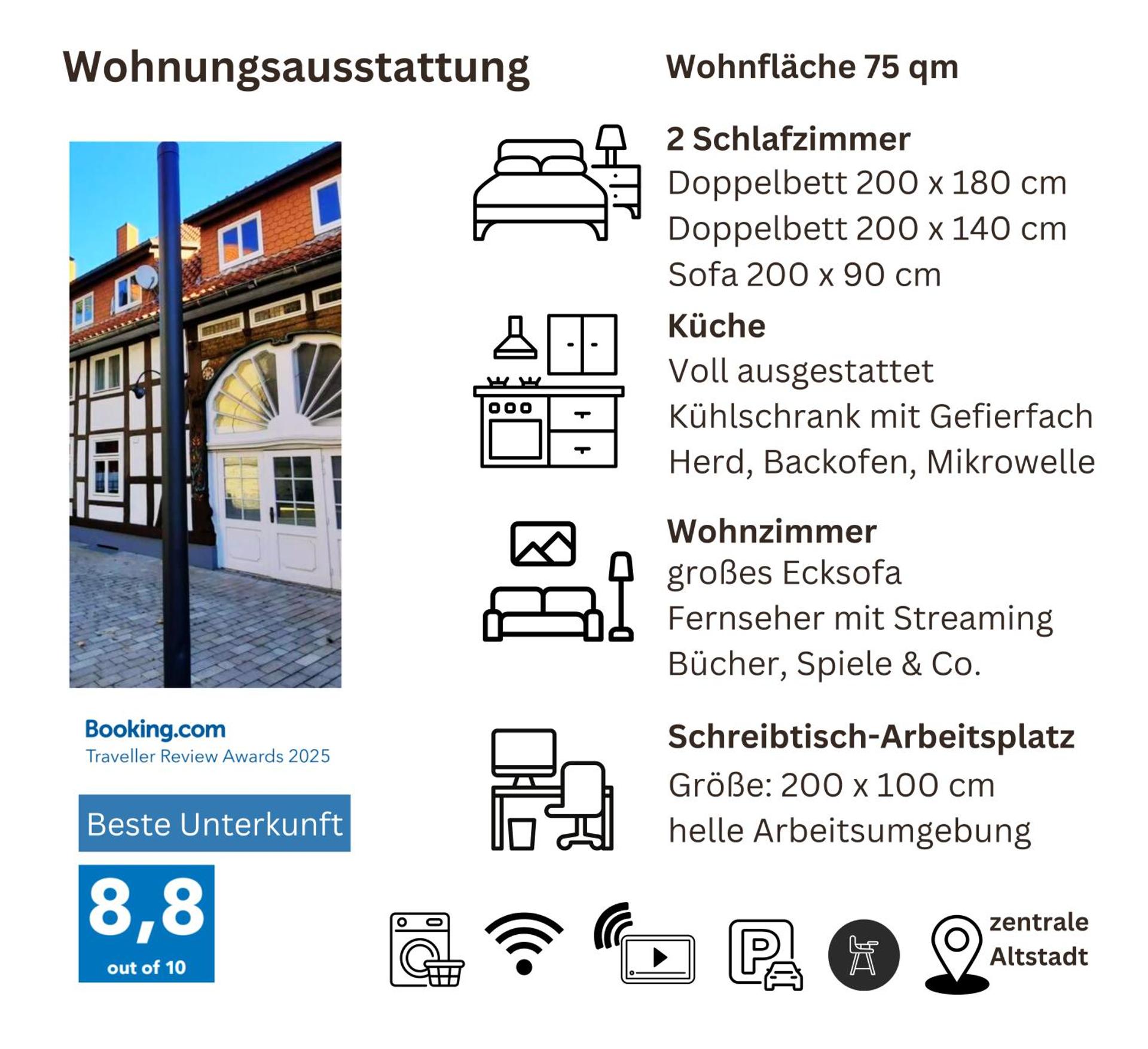 Flair Apartments 'FACHWERK & FLAIR' - Altstadt-Apartment 78 qm für Urlaub oder Geschäftsreise, Innenstadtlage, ruhig, modern, 900 m Bahnhof, 24 Std Check-in, WLAN, Streaming, Küche, Regendusche, 2 x Doppelbett, direkt am neuen Markt in der Altstadt
