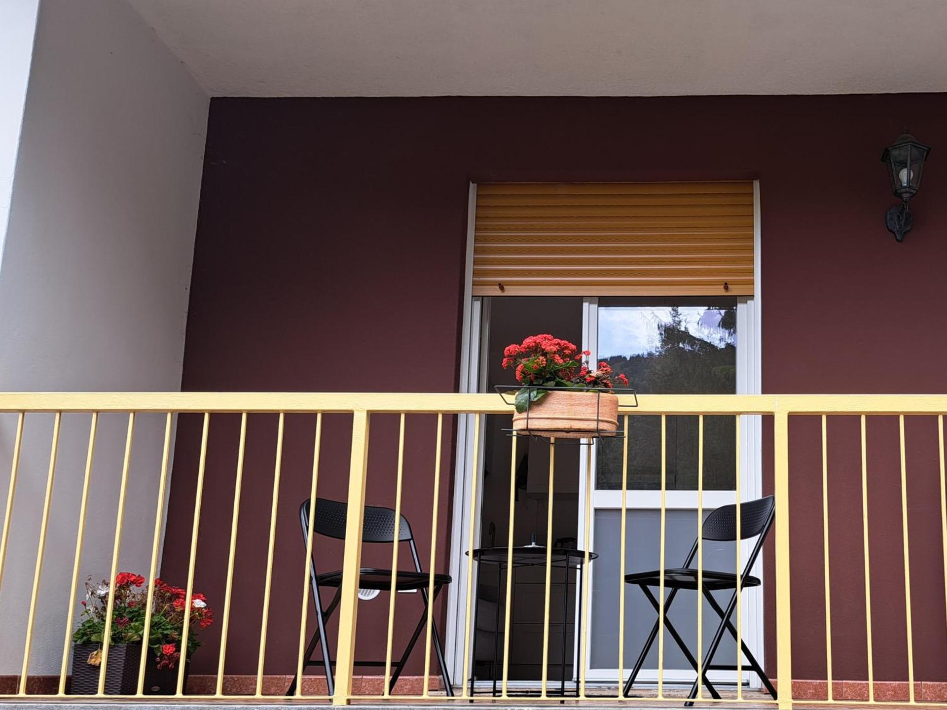 Dinky's apartment with a balcony overlooking the woods