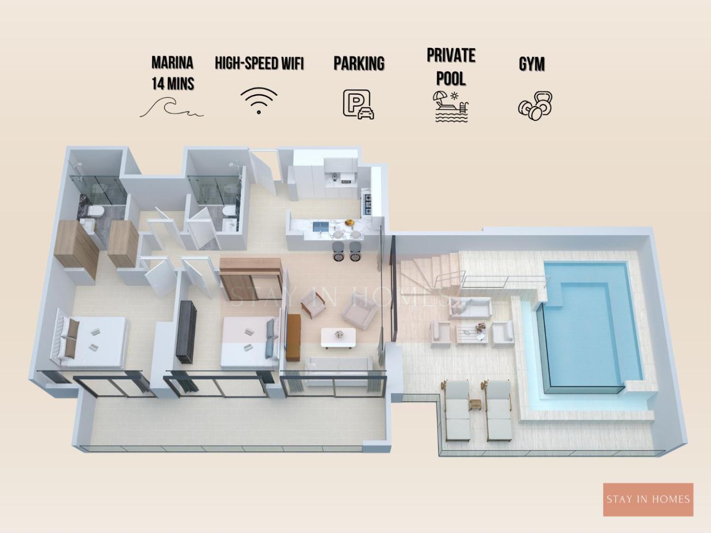 Bilde 3: 2 Bed with PRIVATE POOL on Balcony by STAY IN HOMES - Marina 14min - Self checkin - Gym - Parking