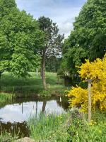 Zimmer mit Kingsize-Bett und Gartenblick. 
