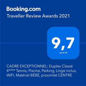 CADRE EXCEPTIONNEL: Duplex Classé 4**** Tennis, Piscine, Parking, Linge inclus, WIFI, Matériel BÉBÉ, proximité CENTRE