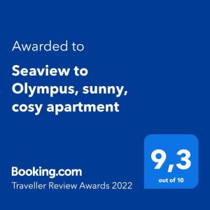 Seaview to Olympus, sunny, cosy apartment