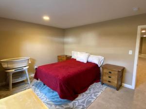 Private basement bedroom with private bathroom, kitchen, and living room with large screen television