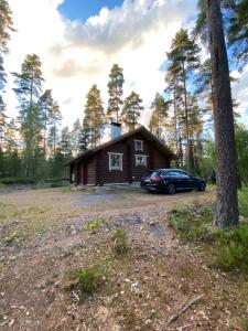Mökki järven rannalla mäntymetsässä