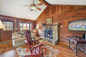 Log cabin on peaceful river