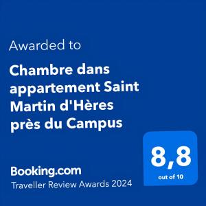 Chambre dans appartement Saint Martin dHères près du Campus, UGA et Neyrpic