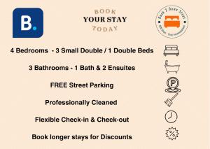 4 Beds 3 Bath (2-ensuites) Free Parking 75Mbps