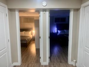 A bedroom in a basement