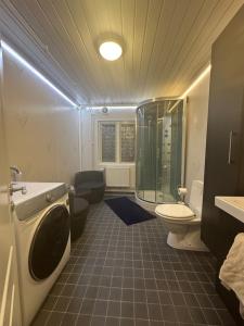 Sjöutsikt, Röd trästuga med traditionellt yttre Skandinavisk, modernt inre och alla bekvämligheter, Sol hela dagen på stora altanen, Tryggt, Vinterbonat, Fiske, Båt