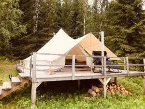 Glamping tent in a forest, lake view