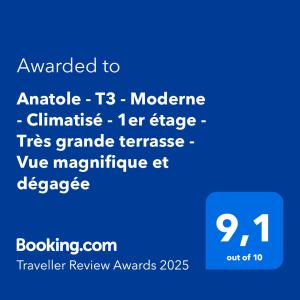 Anatole - T3 - Moderne - Climatisé - 1er étage - Très grande terrasse 35 M2 - Vue magnifique et dégagée