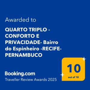 QUARTO TRIPLO - PERTO DO CENTRO DE CONVENÇÕES-CONFORTO e PRIVACIDADEi- RECIFE-Pe