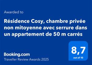 Chambre privée classée 2 étoiles avec serrure et non mitoyenne dans un appartement de 50 m2 dans une résidence cosy et Paris à proximité